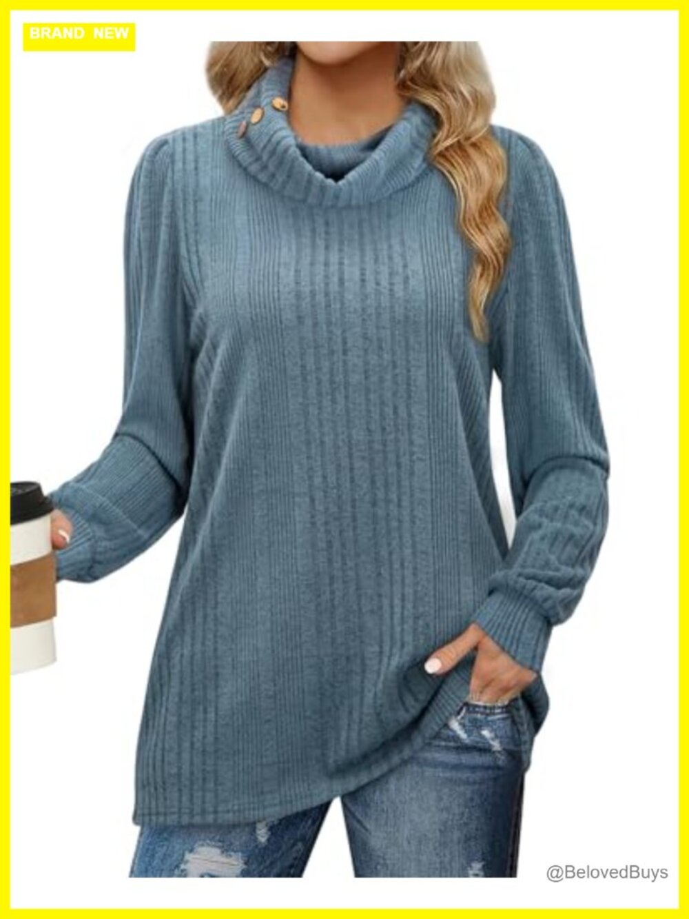 Turtleneck Sweater Long Sleeve Ribbed Knit Loose Casual Tunic Top